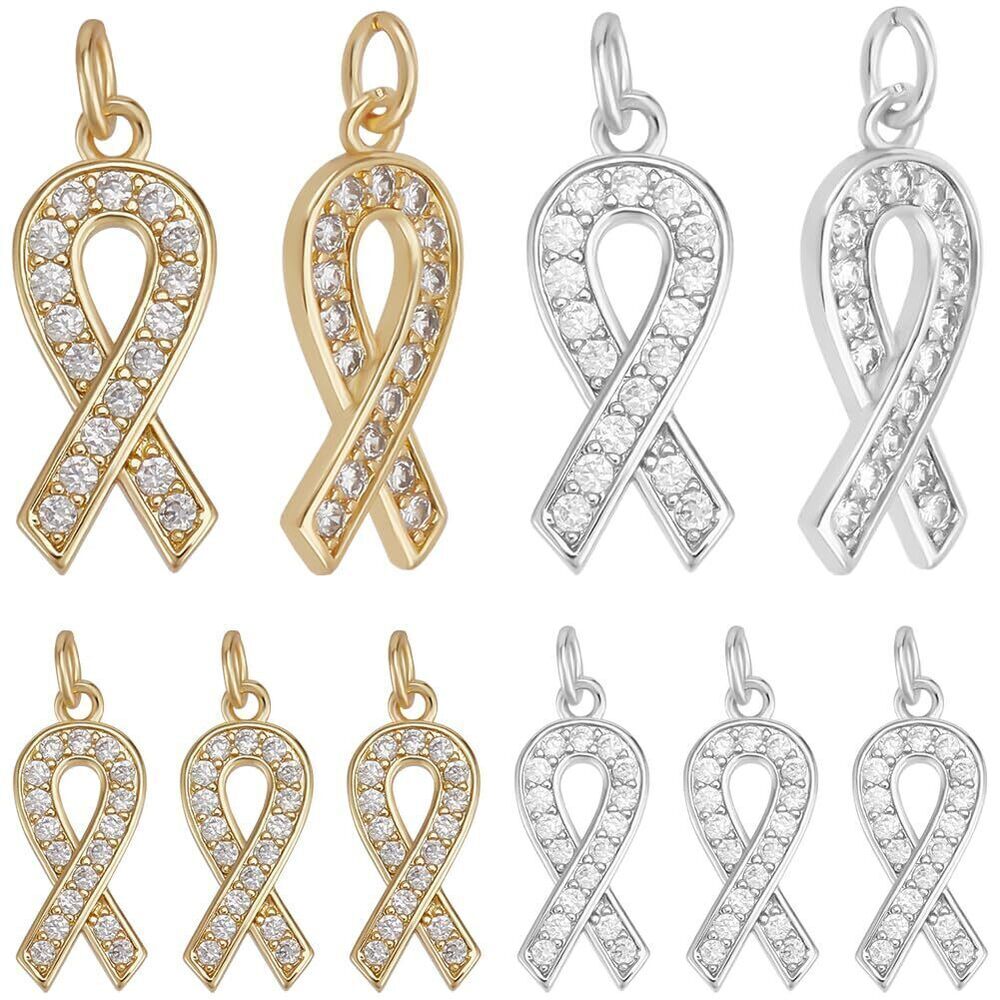 3361 1 Box 10Pcs Cancer Ribbon Charms 18K Gold & 925 Sterling Silver Plated